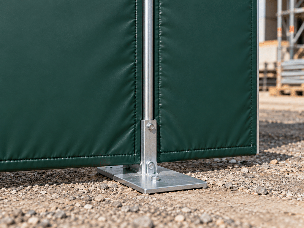 Detailansicht der Panelverbindung mit Aluminiumrahmen und Fuß auf Metallplatte